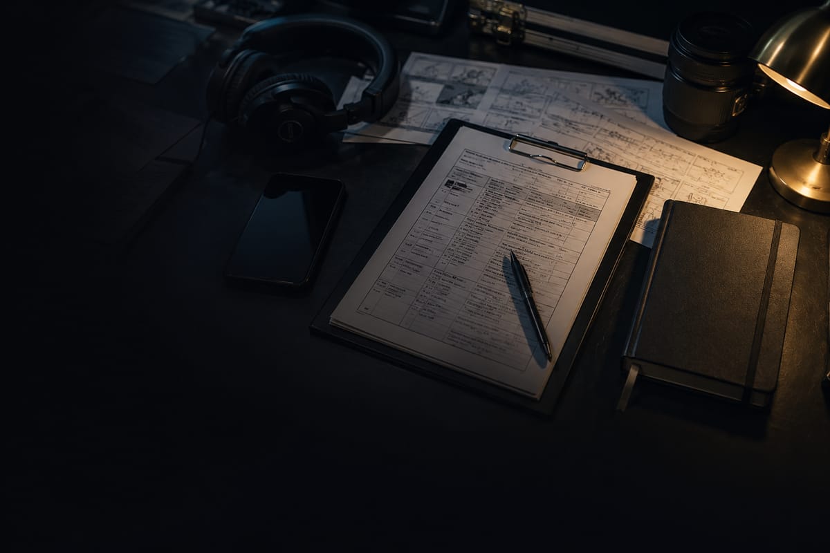 Piano di lavorazione, storyboard e attrezzatura su un tavolo di produzione